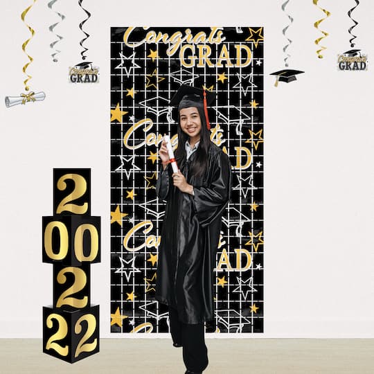 Beistle 6.5ft. Black & Gold Congrats Grad Metallic Square Curtain